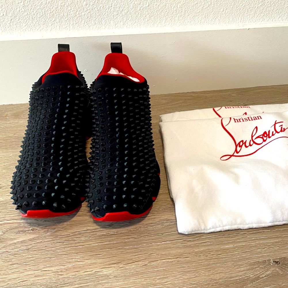 Christian Louboutin Black & Red Spiked Slip-On Sneakers